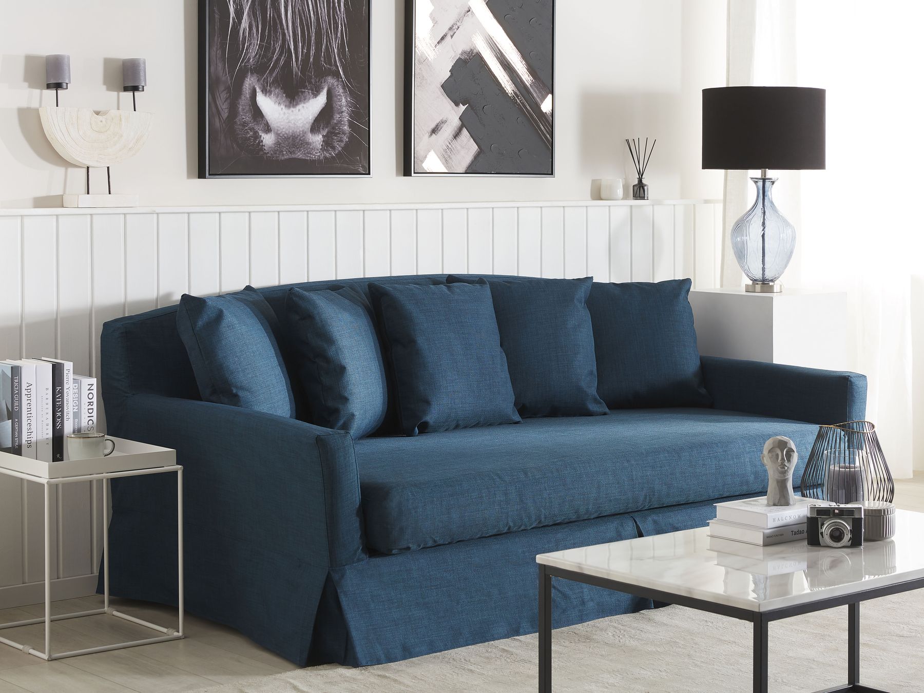 Canapé 3 places en tissu Bleu housse amovible L212cmxl107cmxH89cm KRYOS