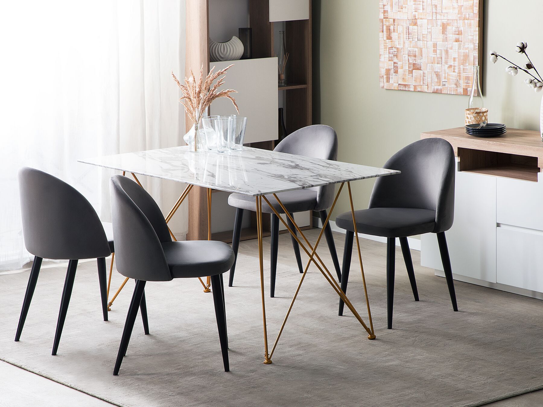Table à manger en bois Marbre Blanc Noir et Doré L140cml80cmxH75cm NOUR