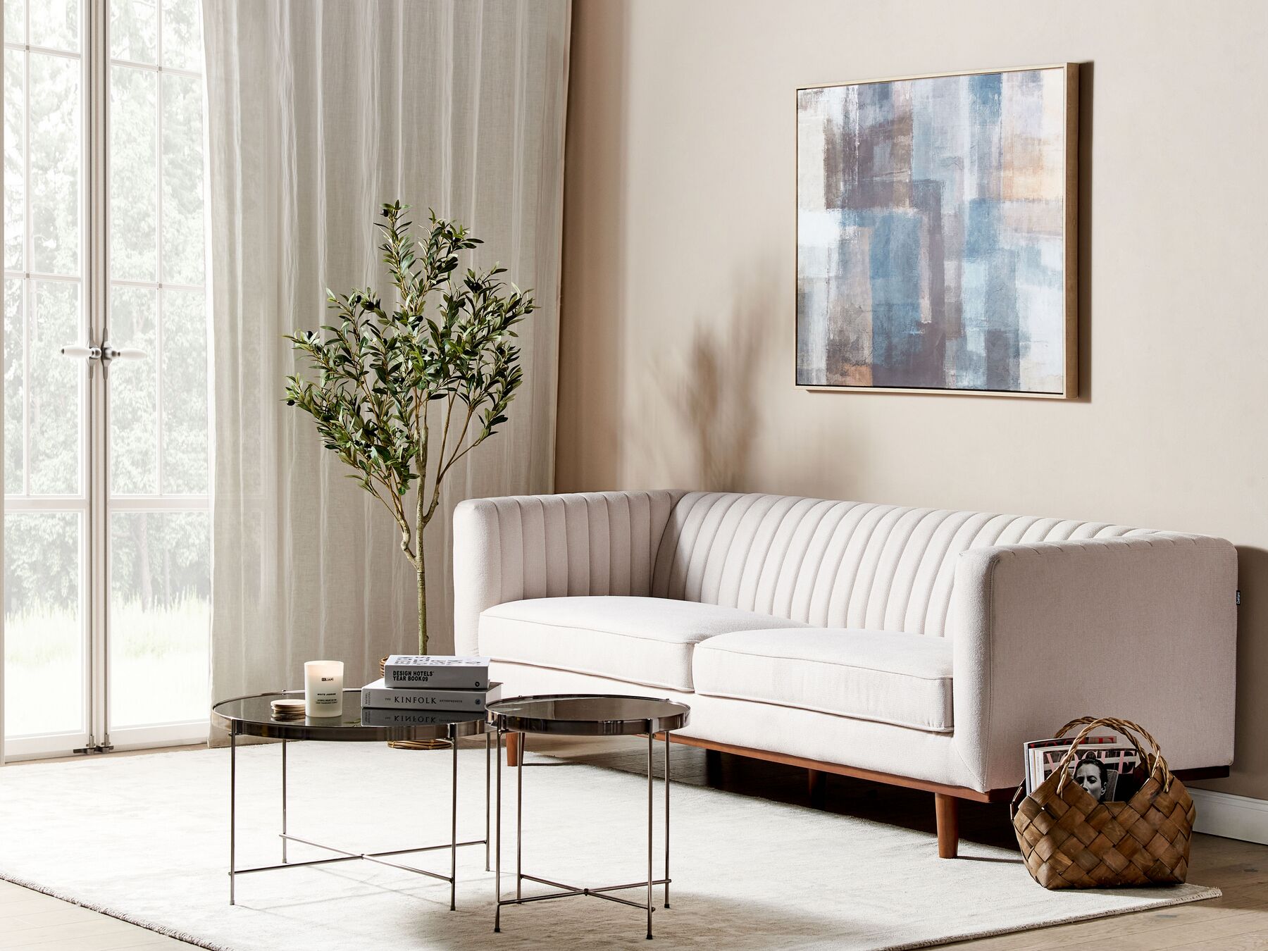 Canapé 3 places en tissu Beige L205cmxl82cmxH71cm MAGNA
