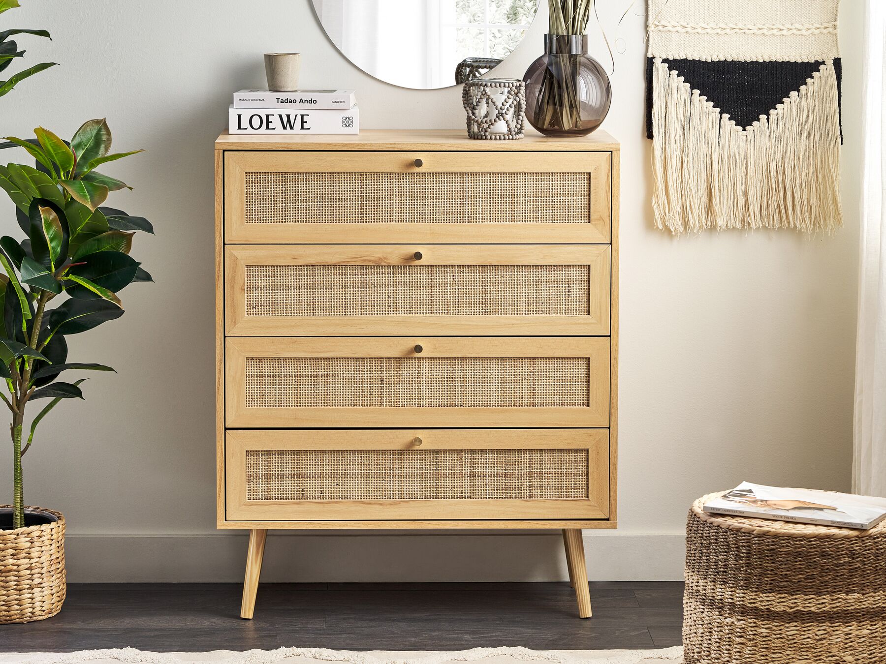 Commode à 4 tiroirs en Rotin Marron clair L80cmxl38cmxH97cm MOUJDA