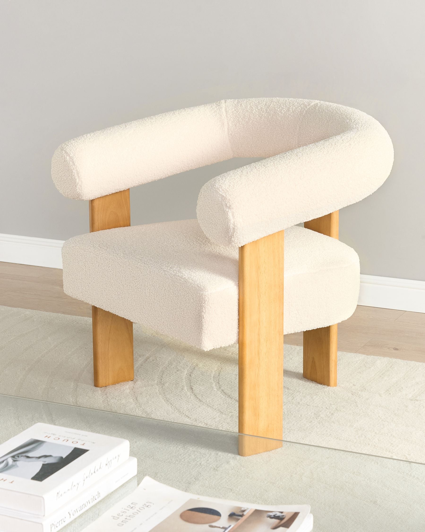 Fauteuil matière Bouclé Blanc et bois Marron clair GELAM