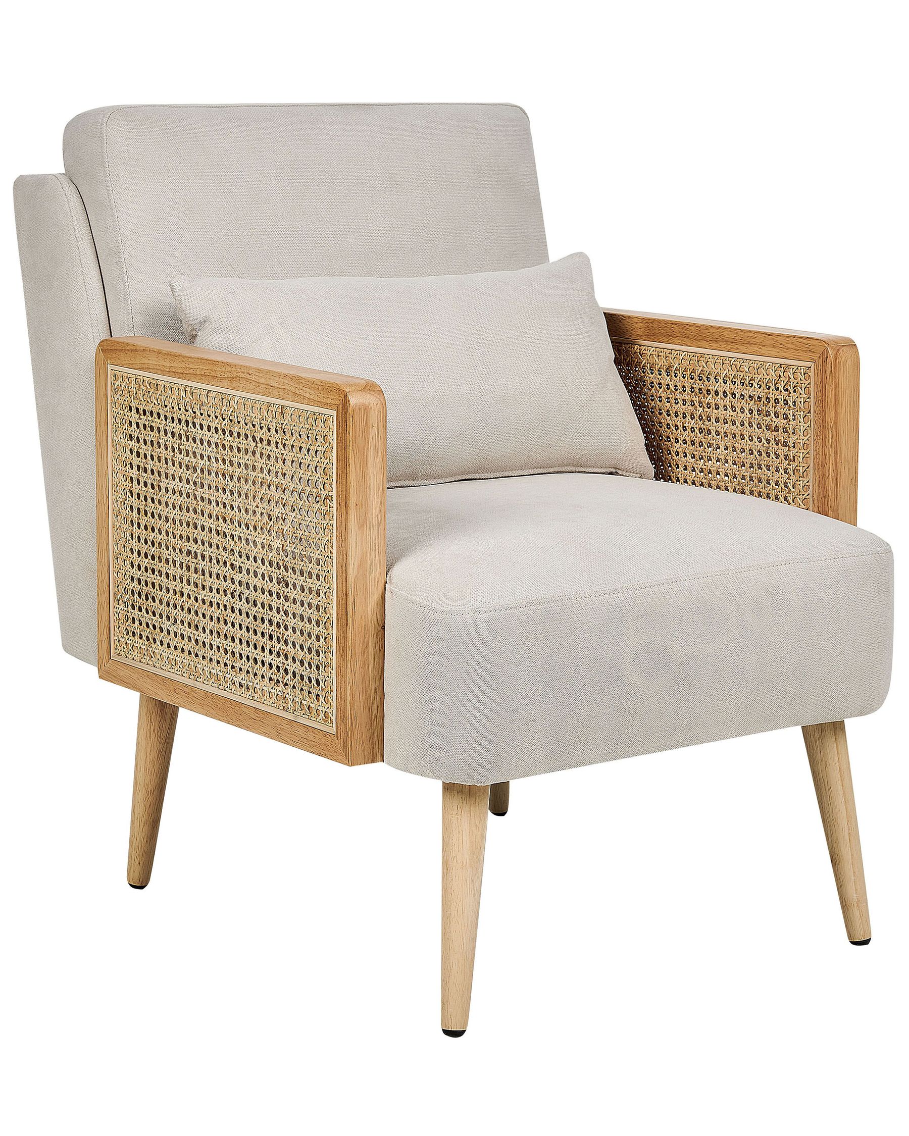 Fauteuil en Tissu Beige clair, accoudoirs tressés en Rotin IBAZ