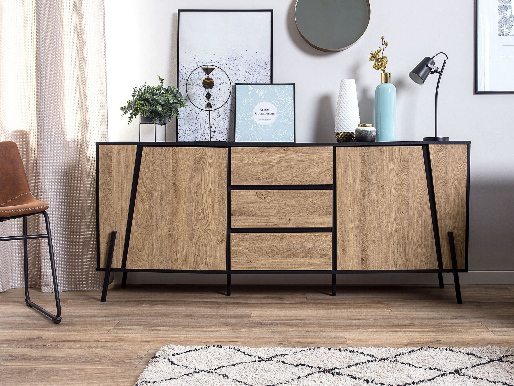 Commode 2 portes en bois Marron et Noir L177cmxl40cmxH75cm NAROU