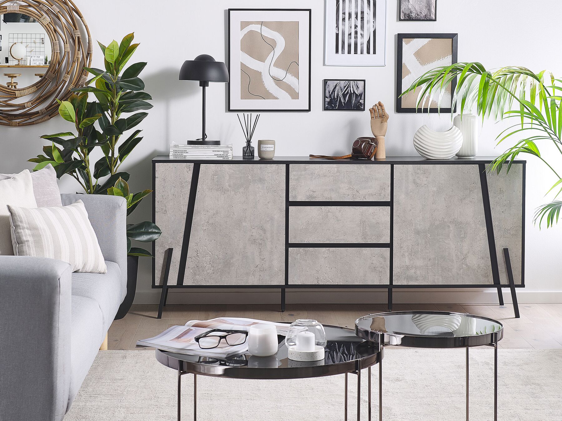 Commode 2 portes en bois effet béton Gris L177cmxl40cmxH75cm NAROU