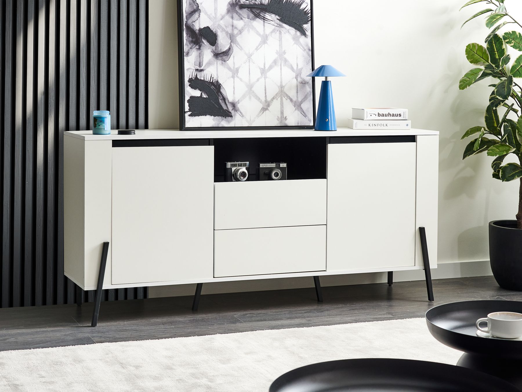 Commode 2 portes en bois Blanc et Noir L160cmxl39cmxH76cm KORG