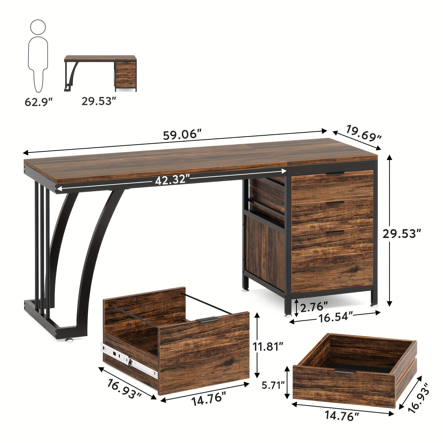 Bureau Industriel 3 Tiroirs L151xl50xH75cm MILO