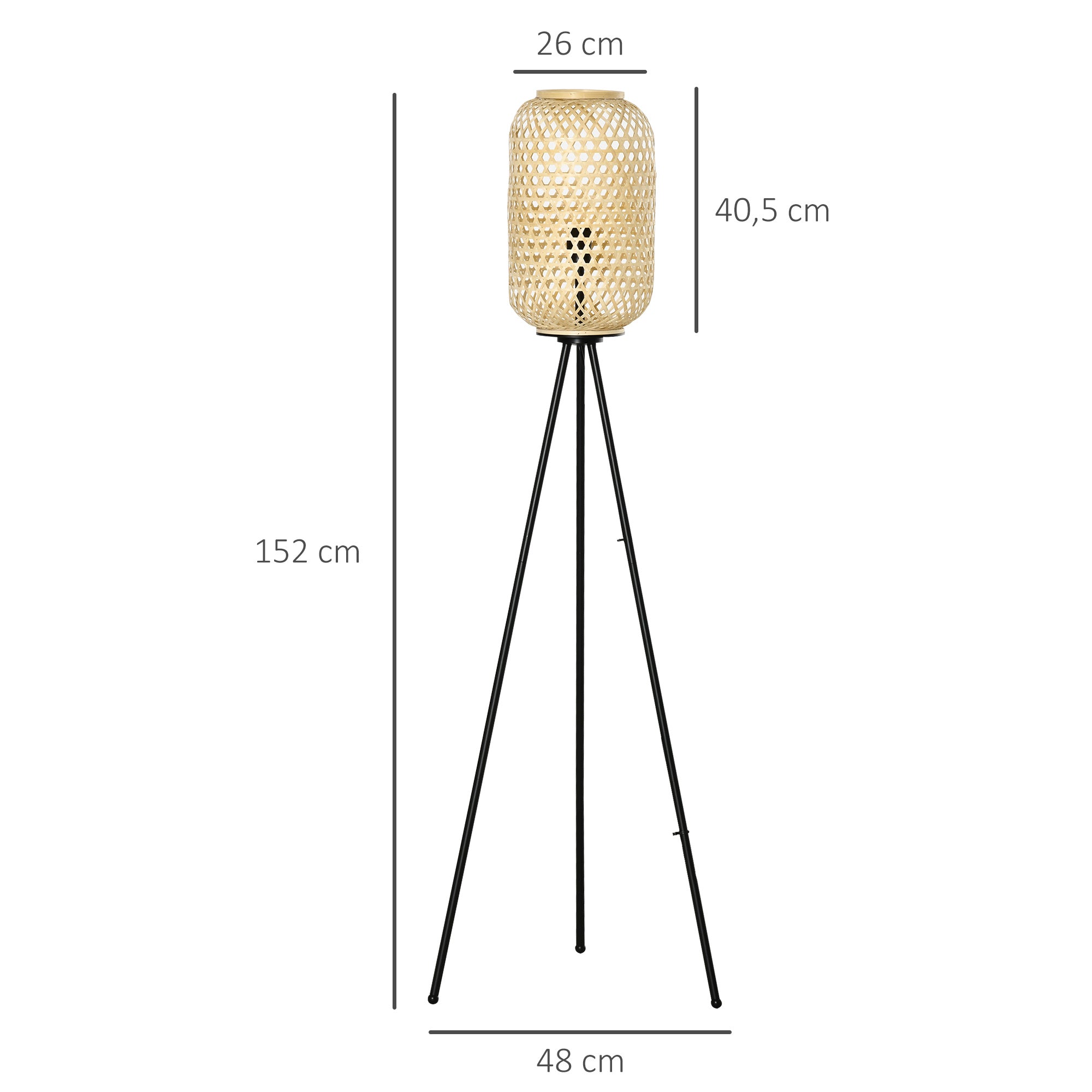 Lampadaire Trépied en acier, Abat-jour en Bambou L48xl48xH152cm BAMB