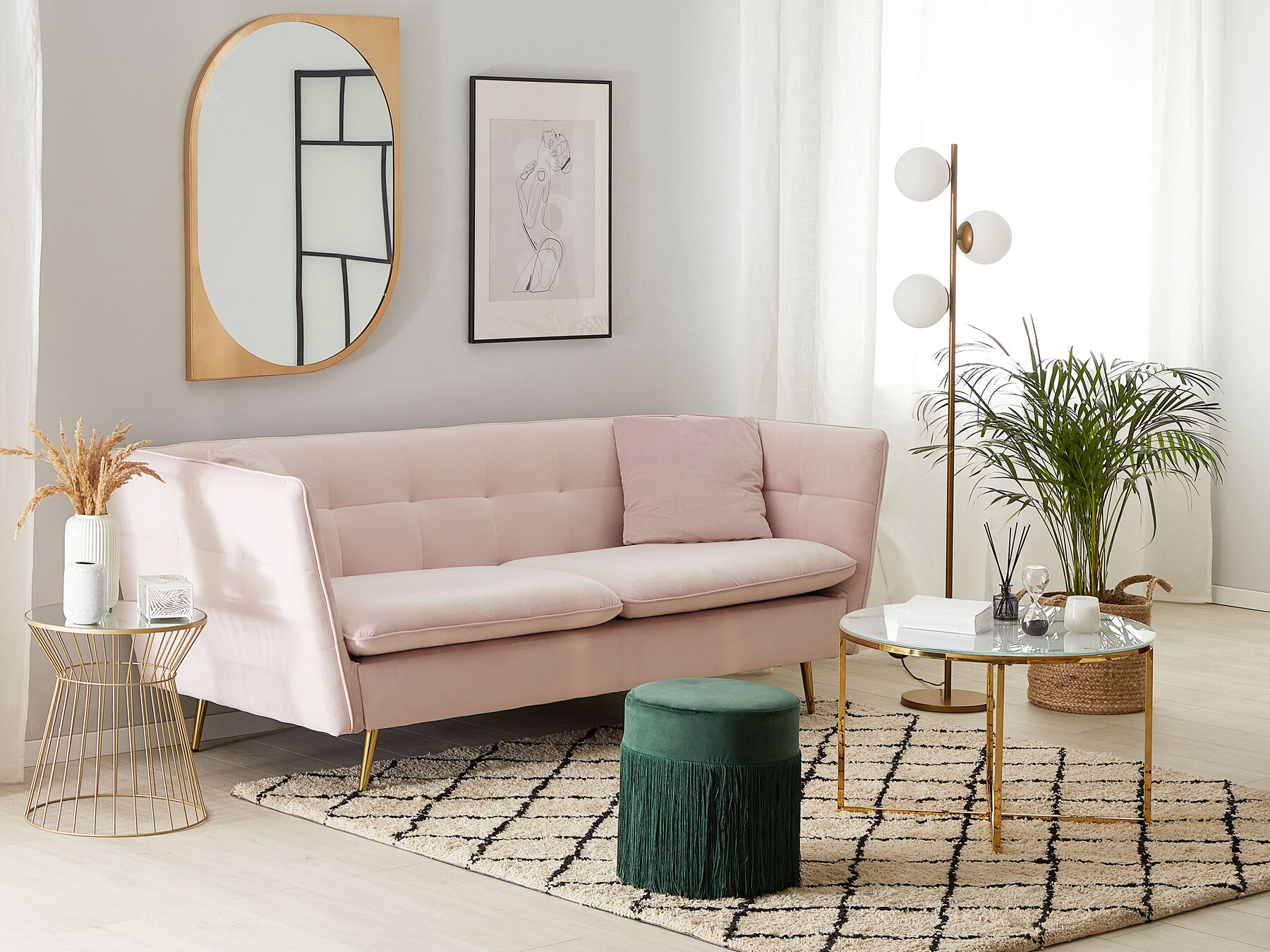 Canapé 3 places en Velours Rose L200cmxl80cmxH77cm OCEANE