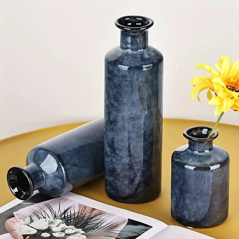 Ensemble de 3 Vases Bleu Chic Vitré en Céramique JILY