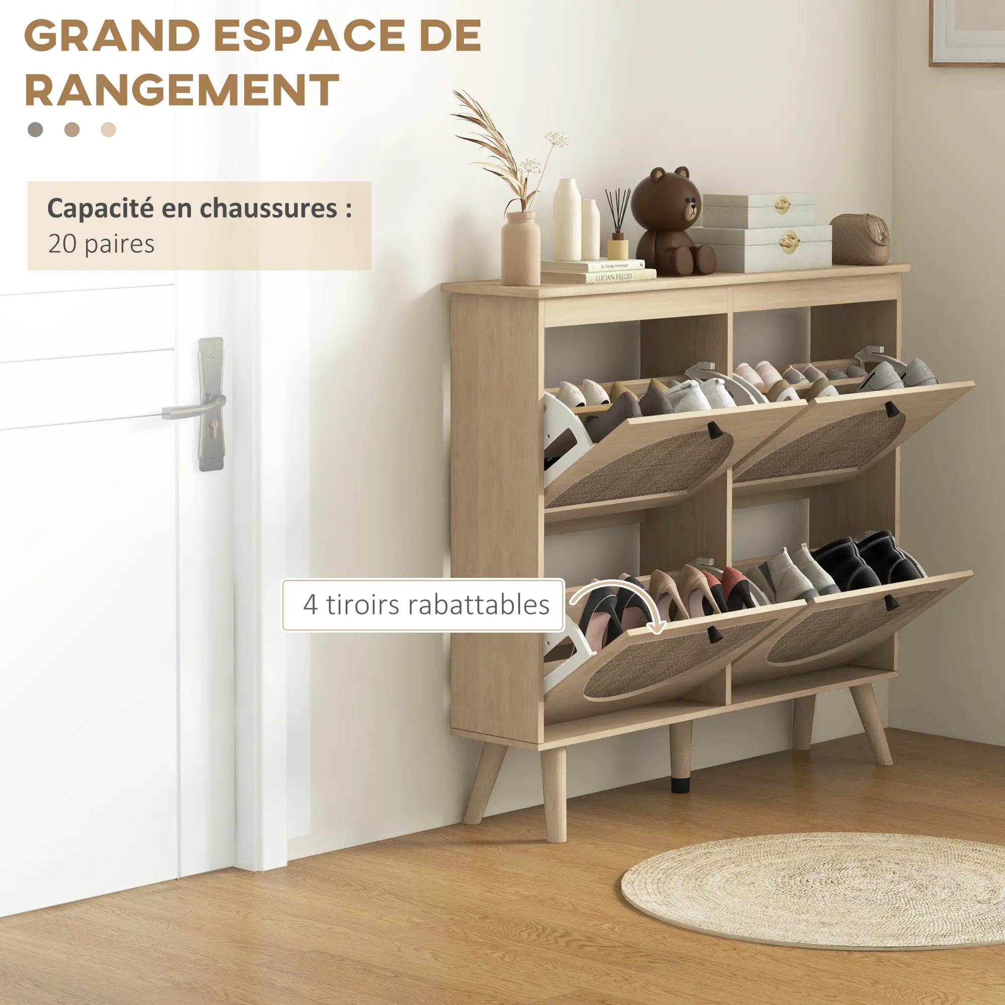 Meuble à chaussures 4 abattants style bohème L105cmxl24cmxH97,5cm JOG