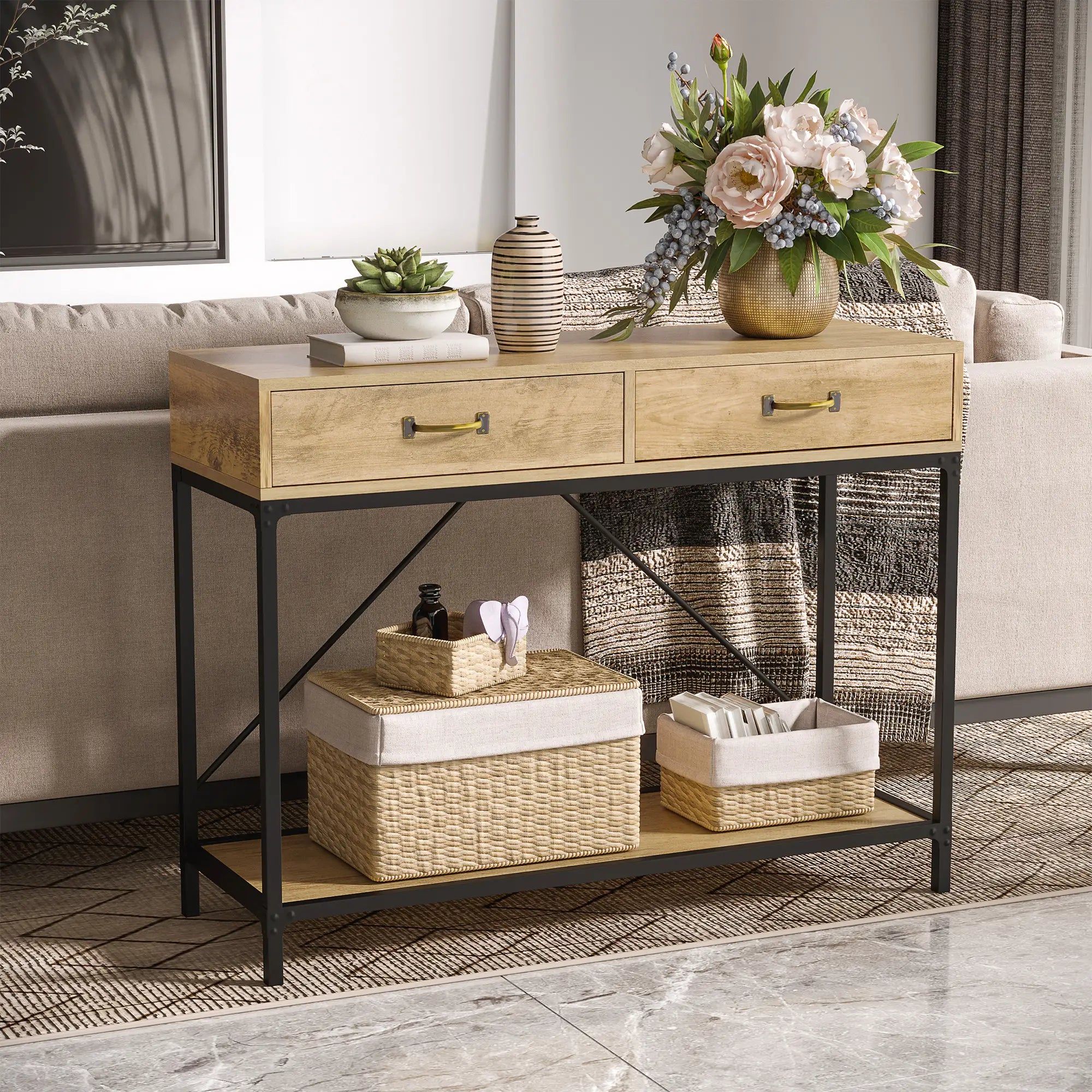 Console d'entrée Industriel 2 tiroirs L100cmxl35cmxH76cm KLEEV