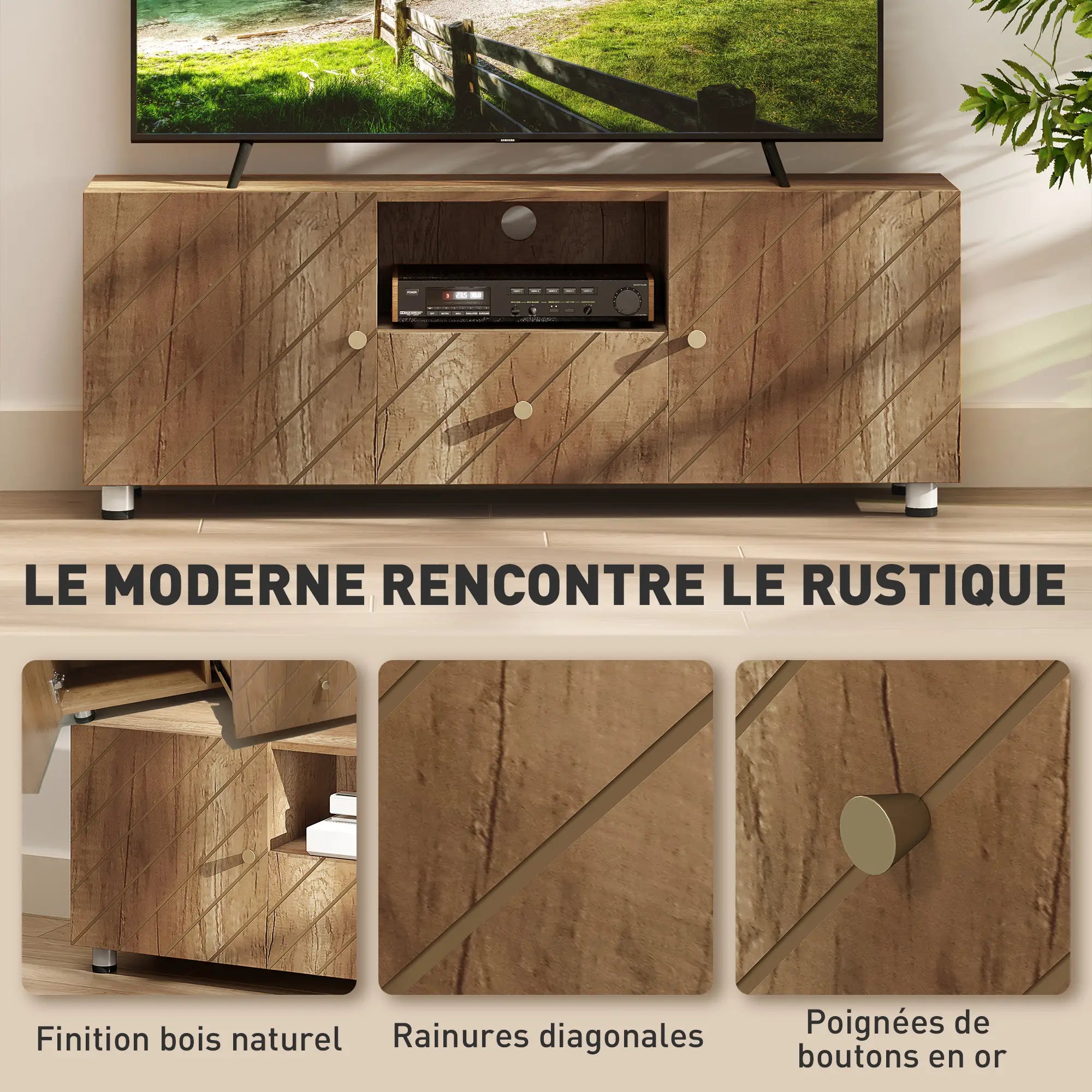 Meuble TV Motif Rainures, TV jusqu'à 50 pouces, 2 placards, 1 tiroir, L120cmxl30cmxH45cm KALSA