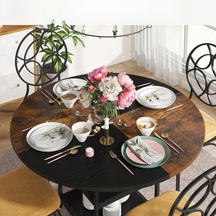 Table à manger Ronde D120cm avec étagère de rangement (4 Personnes) BOTA