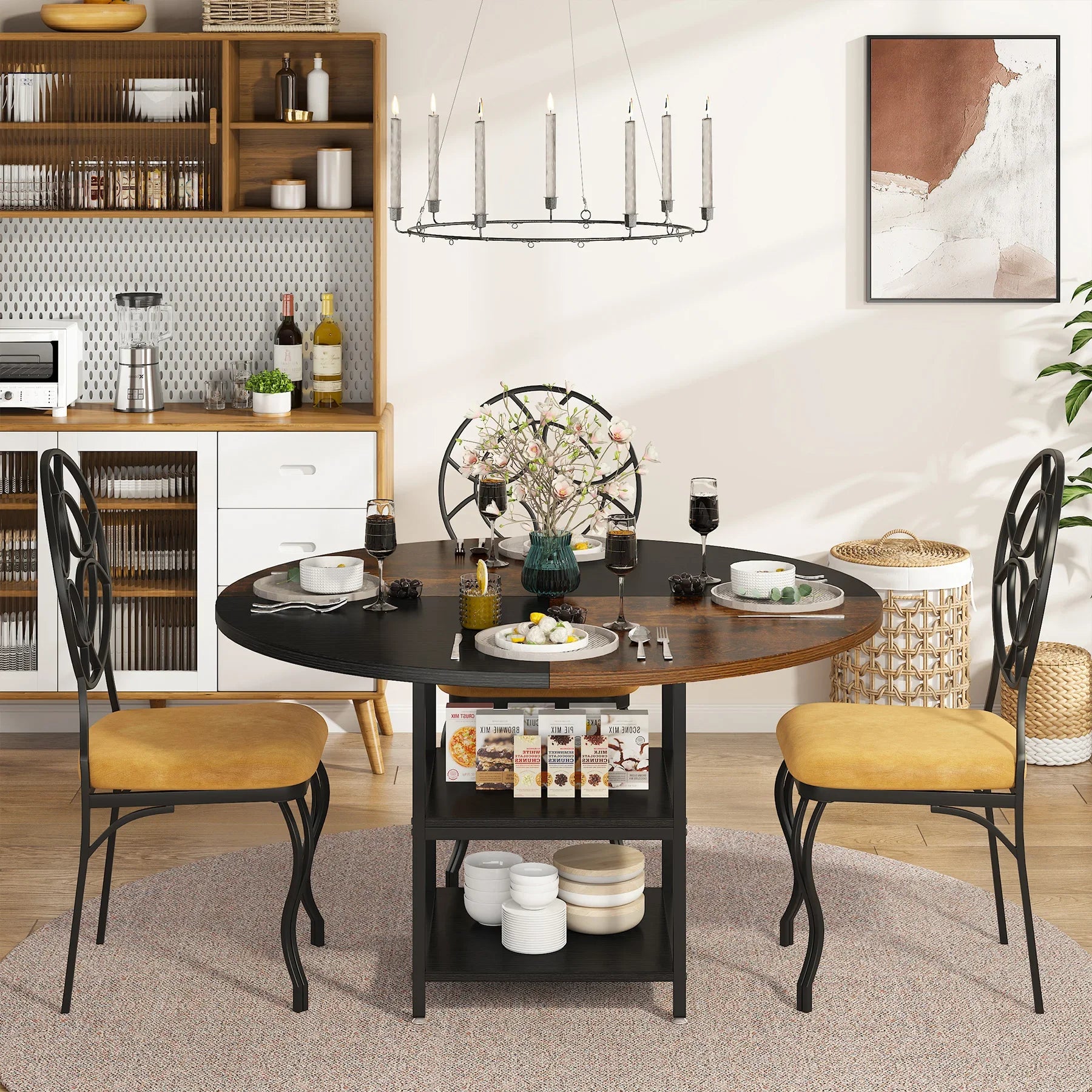 Table à manger Ronde D120cm avec étagère de rangement (4 Personnes) BOTA