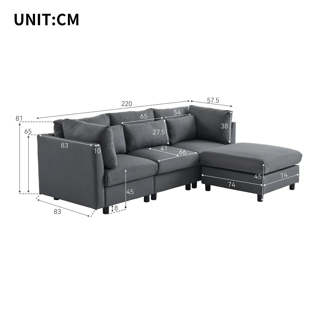 Canapé d'Angle en Lin avec Pouf 4 Places L220xl83xH81cm MANU