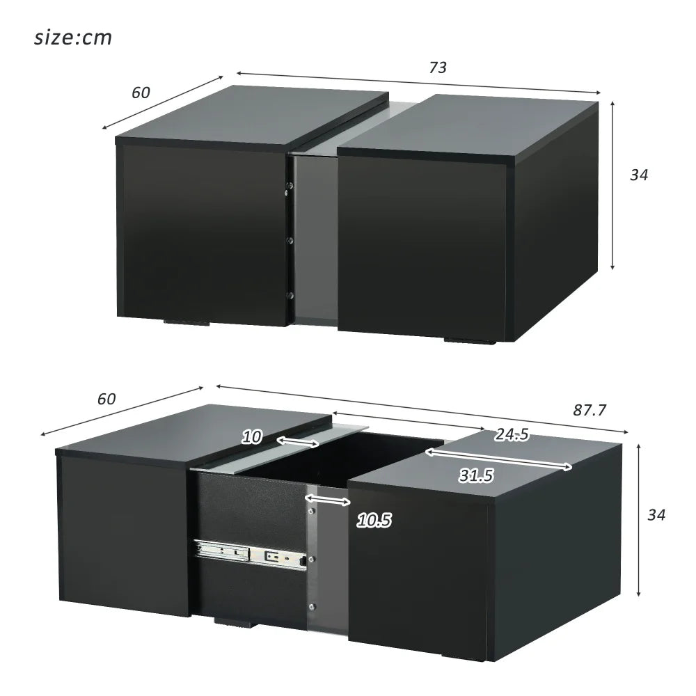 Table Basse en Laque Brillante Lumières LED Télécommandées L73xl60xH34cm VAL