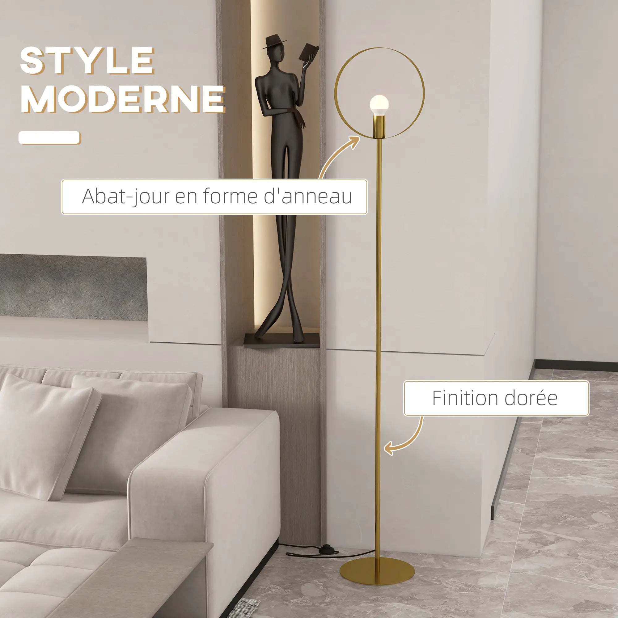 Lampadaire anneau en métal Doré l25cmxH170cm LYDI