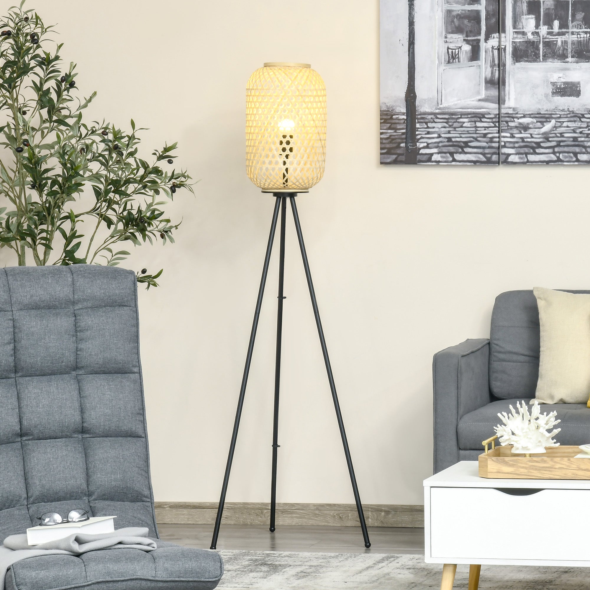 Lampadaire Trépied en acier, Abat-jour en Bambou L48xl48xH152cm BAMB