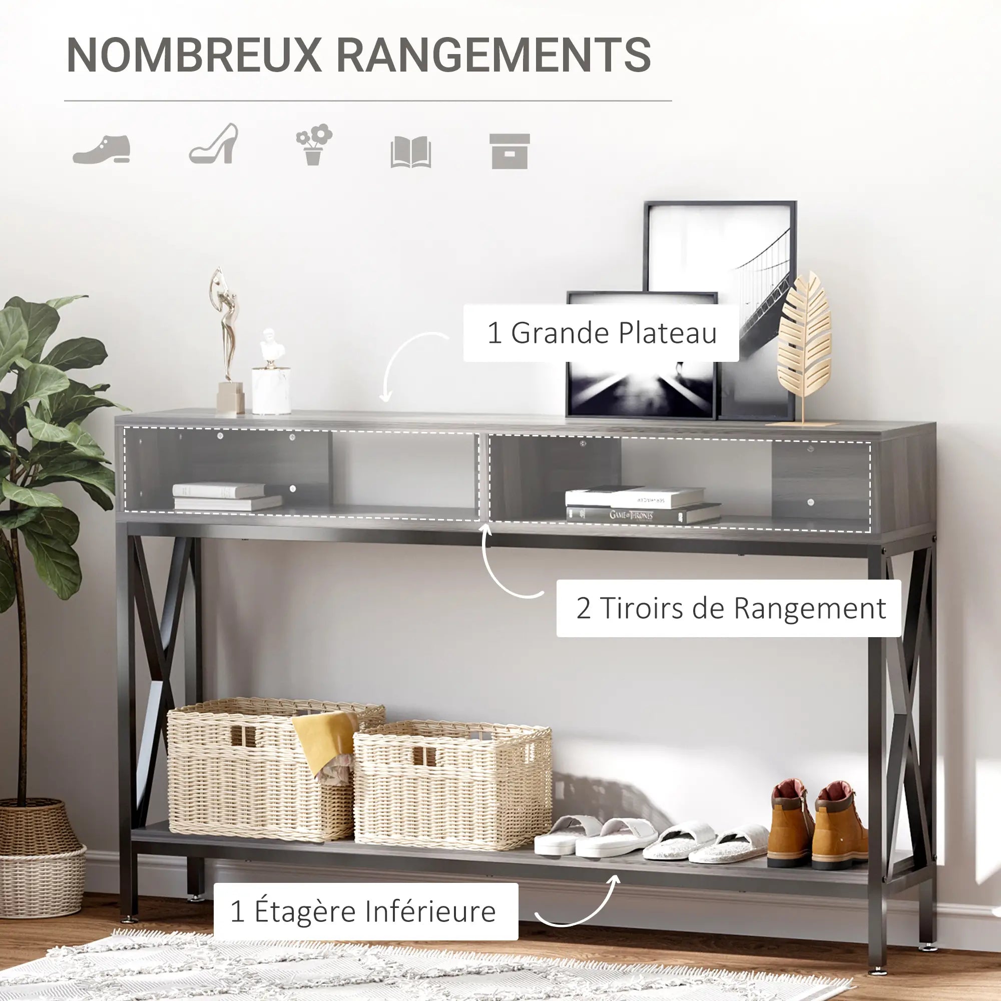 Console d'Entrée Industriel L120cmxl23,5cmxH75cm Gris KASSI