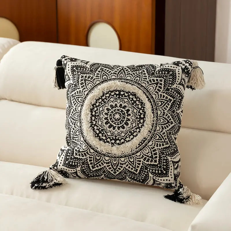 1pc Housse de Coussin Imprimé Mandala Noir Floral ZANI