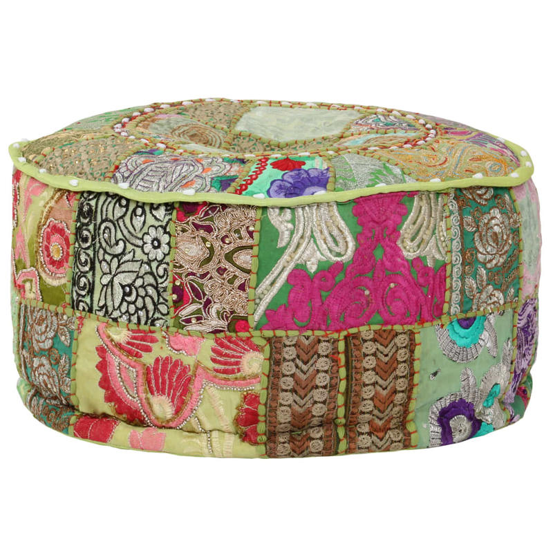 Pouf rond en coton Vert Patchwork Fait Main D40xH20cm SONIA