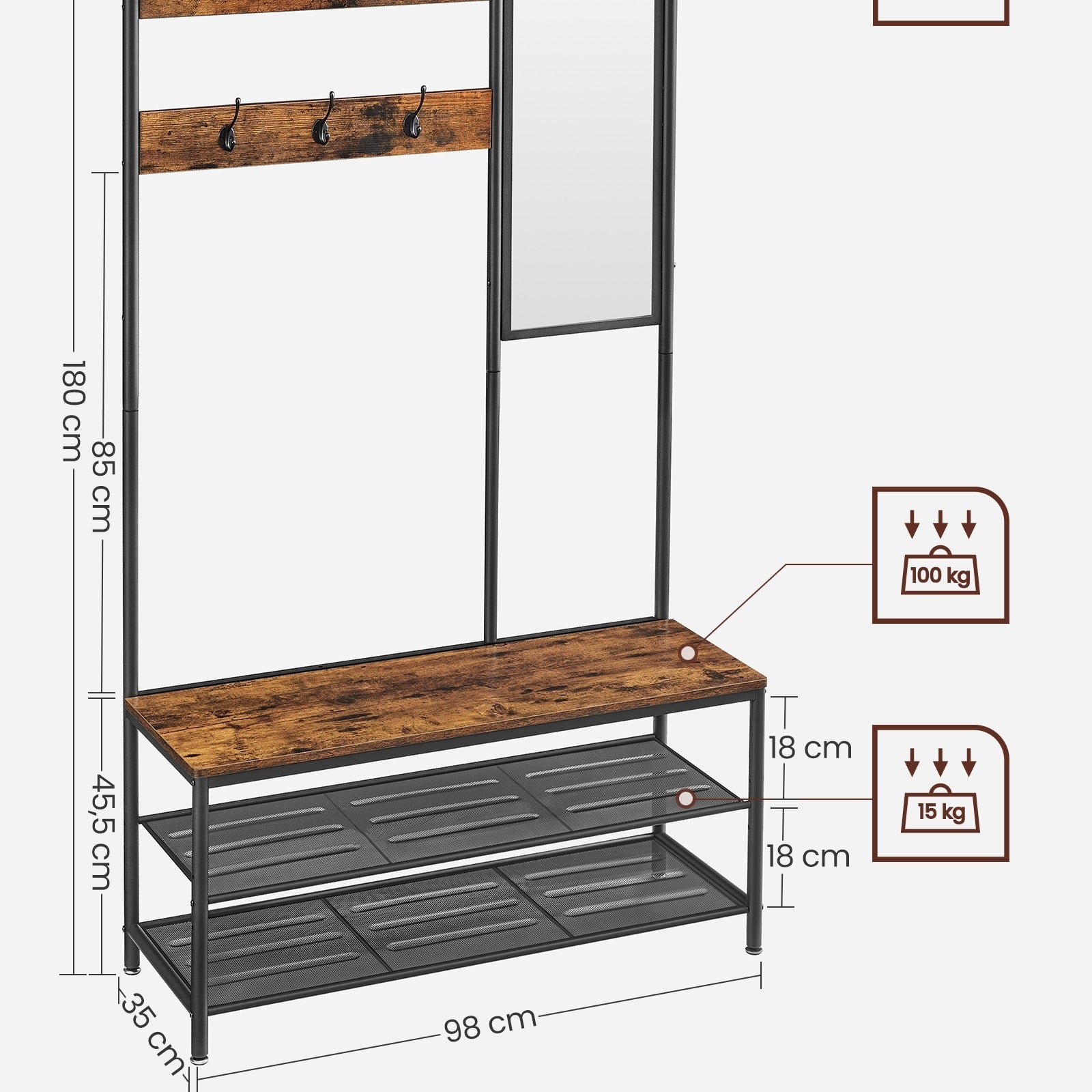 Armoire D'entrée, Miroir, Banc et rangement chaussures L98xl35xH180cm JELO