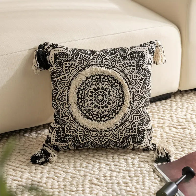 1pc Housse de Coussin Imprimé Mandala Noir Floral ZANI