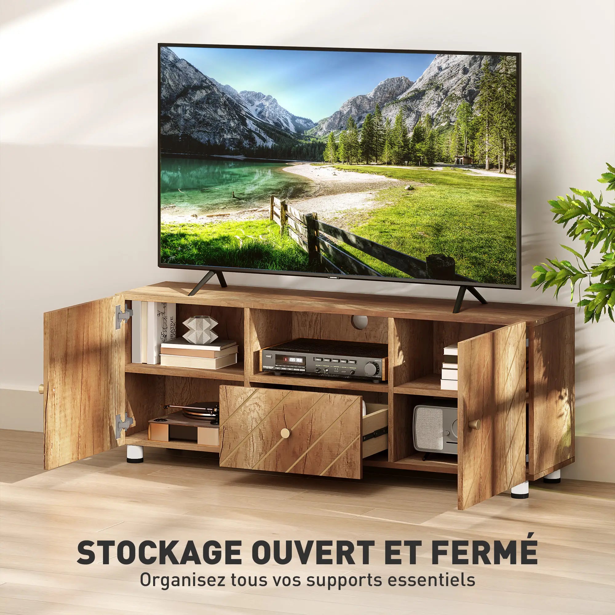 Meuble TV Motif Rainures, TV jusqu'à 50 pouces, 2 placards, 1 tiroir, L120cmxl30cmxH45cm KALSA