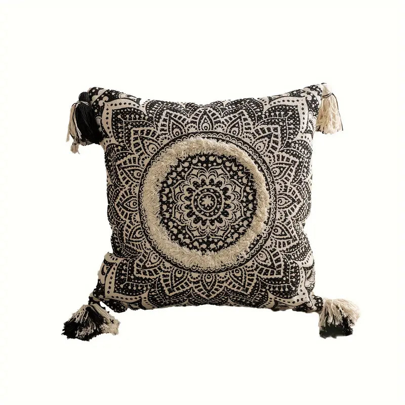 1pc Housse de Coussin Imprimé Mandala Noir Floral ZANI