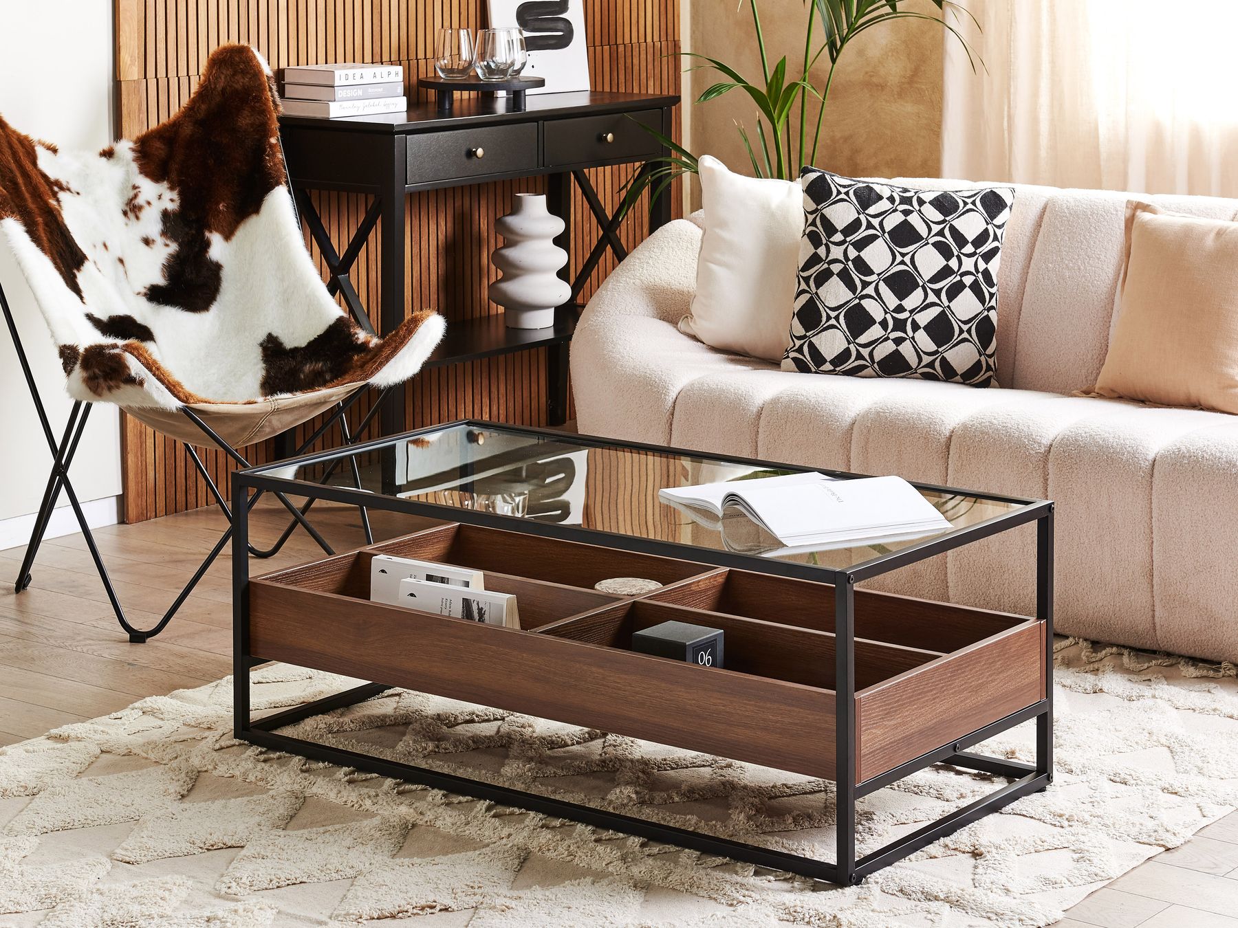 Table basse avec Verre de sécurité, Bois et Métal Noir L110cmxl55cmxH42cm LAGOUN