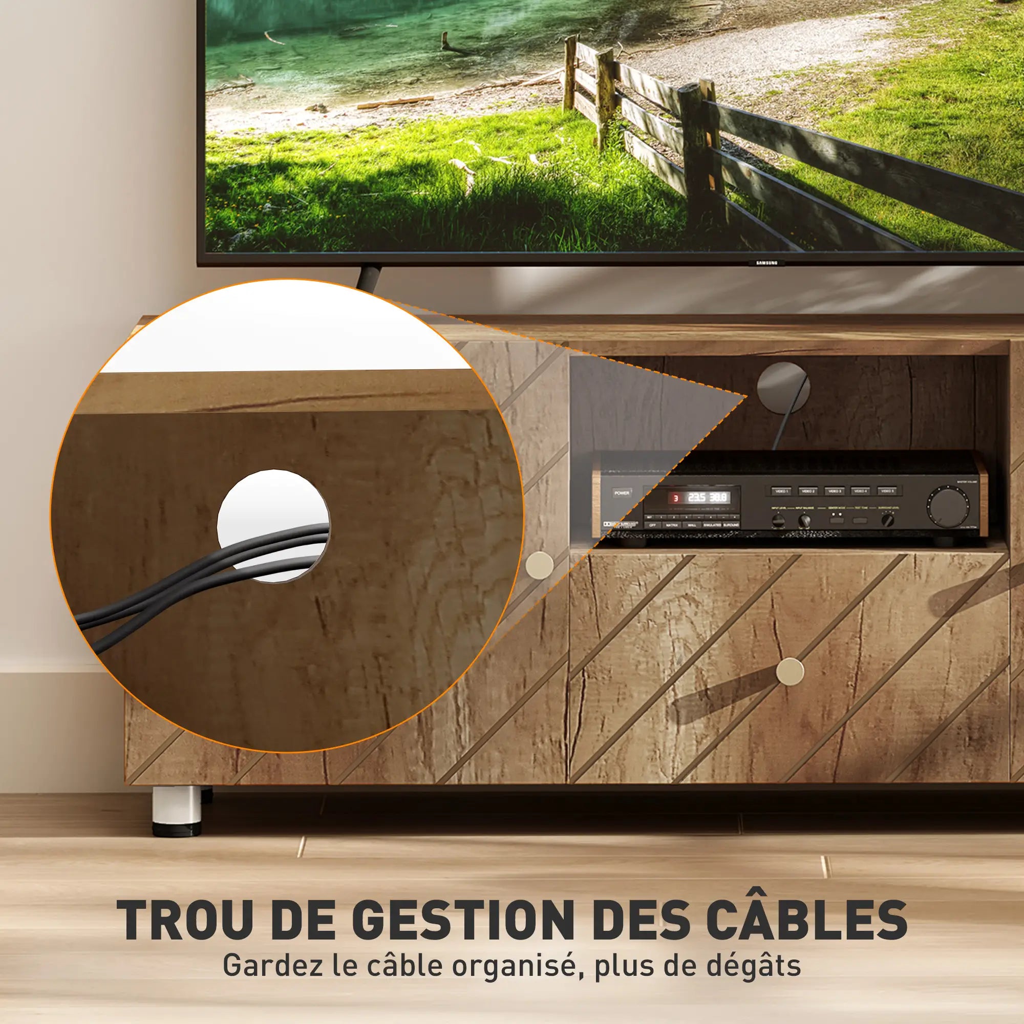 Meuble TV Motif Rainures, TV jusqu'à 50 pouces, 2 placards, 1 tiroir, L120cmxl30cmxH45cm KALSA