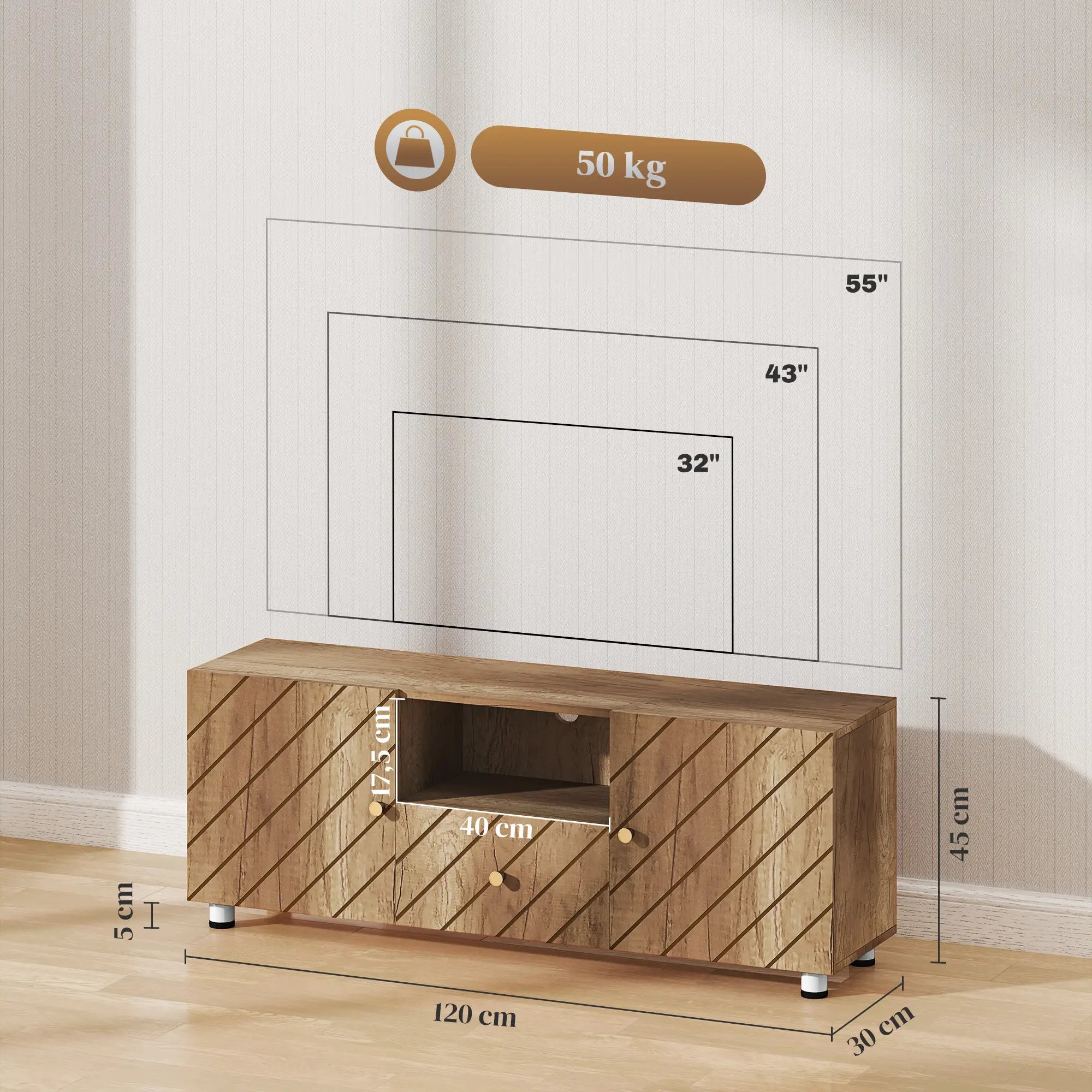 Meuble TV Motif Rainures, TV jusqu'à 50 pouces, 2 placards, 1 tiroir, L120cmxl30cmxH45cm KALSA