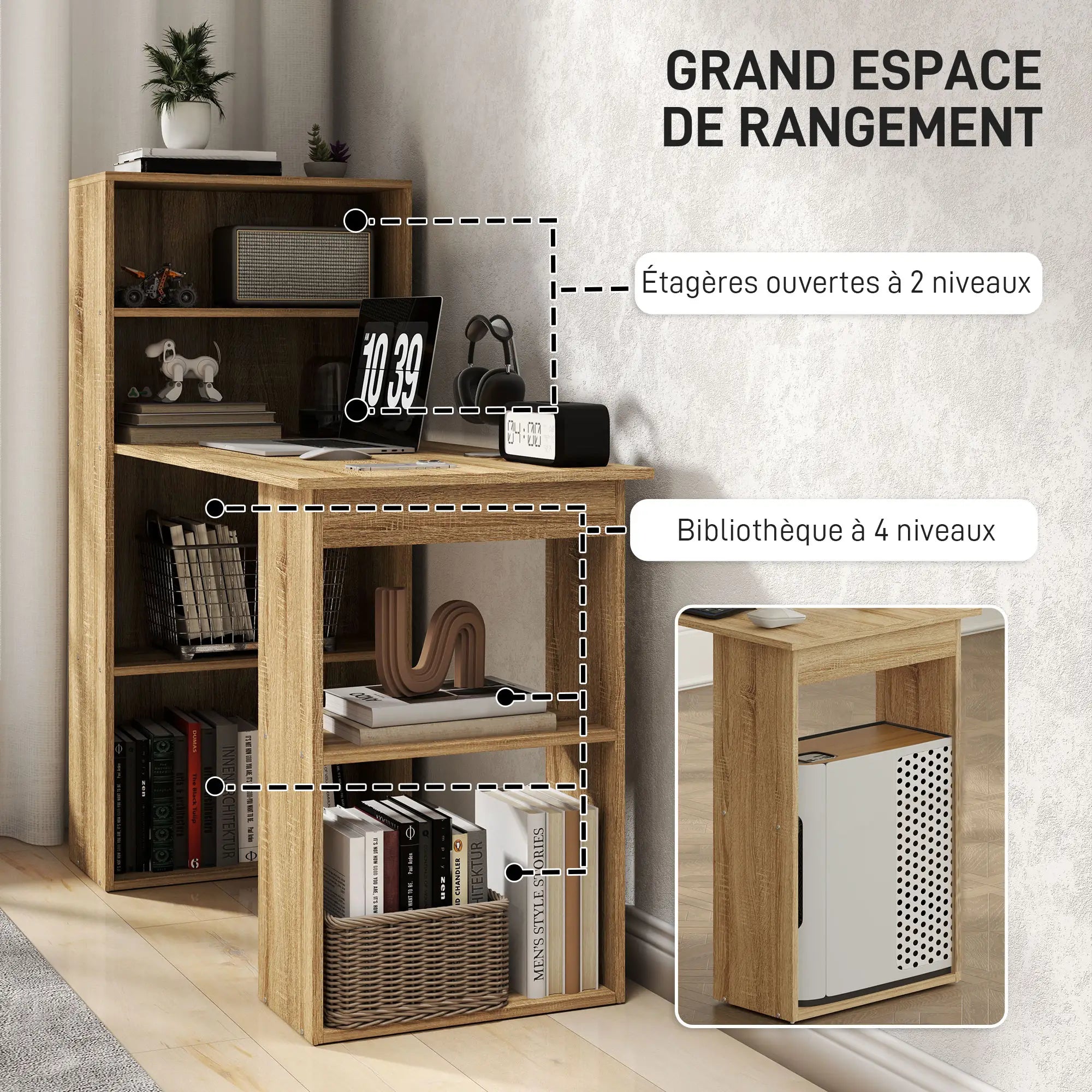 Bureau informatique bibliothèque adjacente Multi-rangements L120cmxl55cmxH120cm SEB